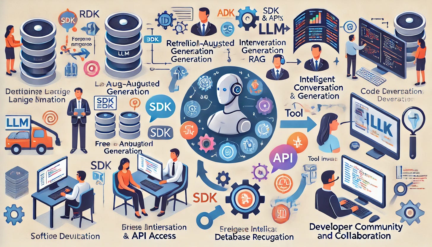 A concise and intuitive diagram series depicting six technical scenarios for how developers use Large Language Models (LLMs) in software development. 

1. Retrieval-Augmented Generation (RAG): A simple flowchart showing a user query, LLM processing, database retrieval, and response generation.

2. SDK and API Access: Icons representing SDK and API integration into existing applications.

3. Free Conversation Chat: A virtual assistant with speech bubbles interacting with users.

4. Intelligent Decision-Making: Business intelligence and medical diagnosis tools supported by LLM data analysis.

5. Tool Invocation: A developer using an LLM for code generation and debugging, with code and debugging interface icons.

6. Developer Community and Collaboration: A collaborative platform where developers query code repositories and generate technical documentation with LLM assistance.
