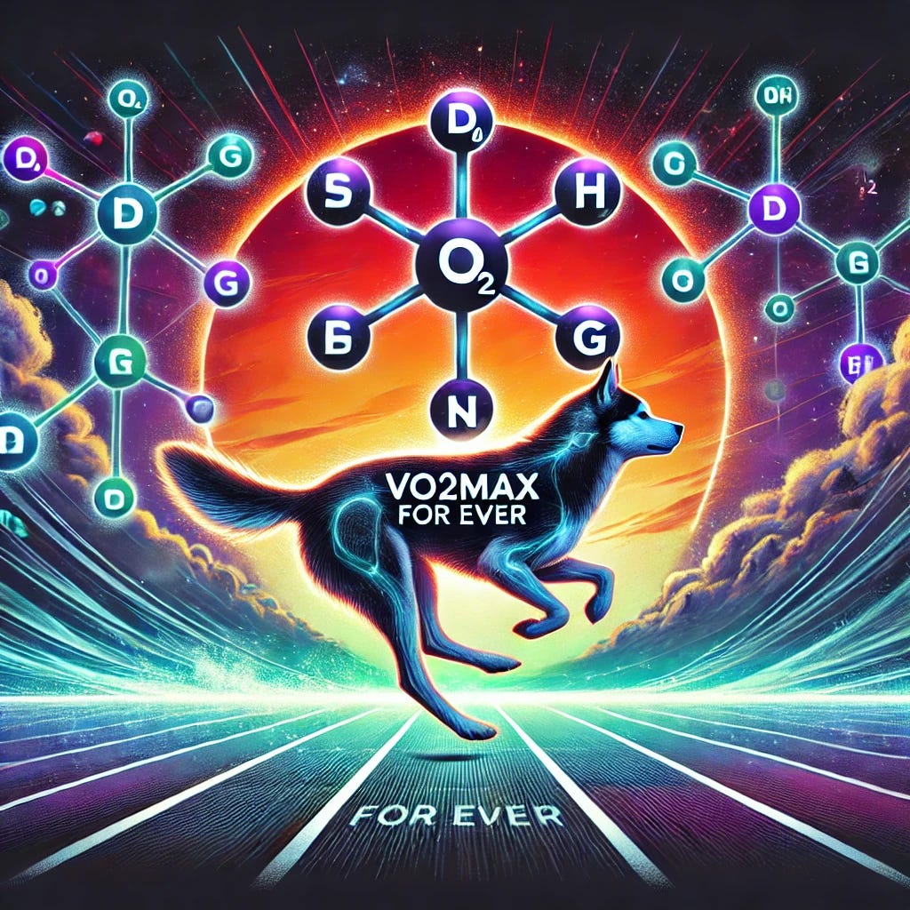 A dynamic illustration representing the concept of 'VO2max for ever,' showcasing a Siberian Husky running on a track surrounded by vibrant oxygen molecule symbols. The scene emphasizes endurance and vitality, with a backdrop of a sunset merging into a galaxy, symbolizing infinite potential. The Husky is depicted in mid-stride, glowing with energy, with a sleek and athletic appearance. The design is futuristic, inspiring, and full of movement, embodying the timeless pursuit of peak performance in canines.