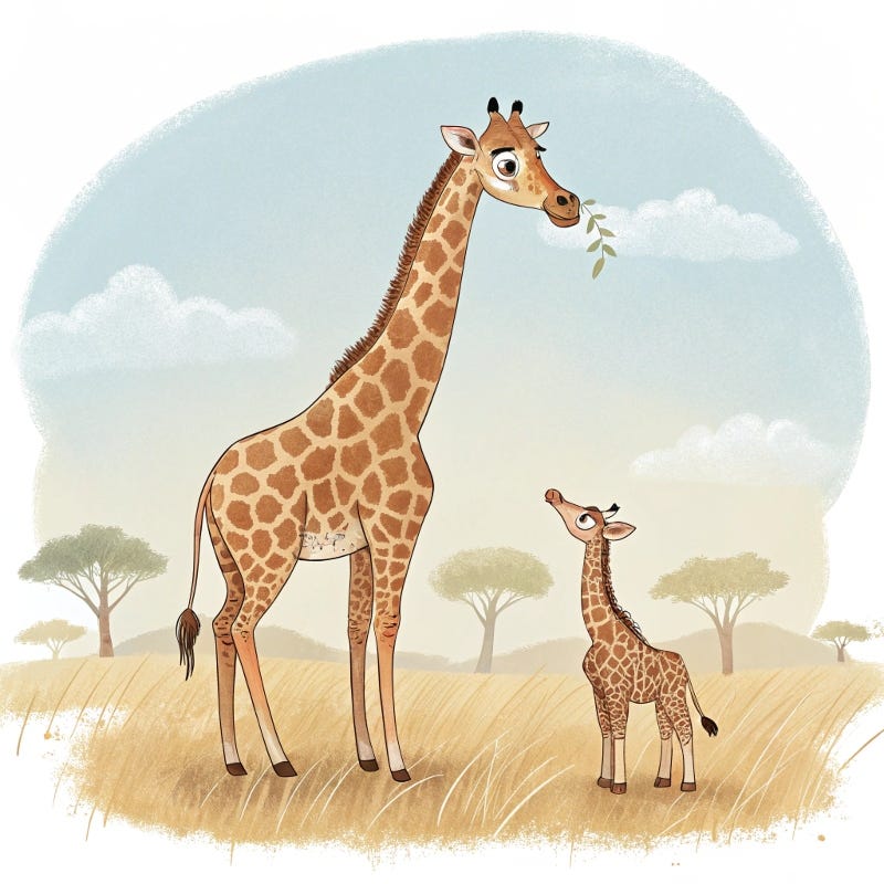 an illustration of a mummy giraffe standing tall with her little calf standing beside her. 