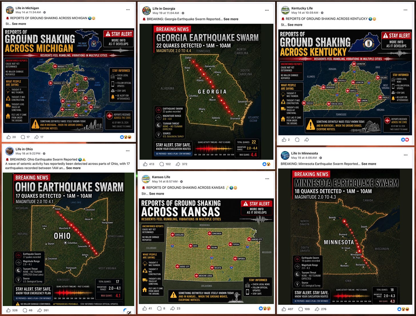 collage of AI-generated image posts regarding imaginary waves of earthquakes collage of AI-generated image posts regarding imaginary waves of earthquakes