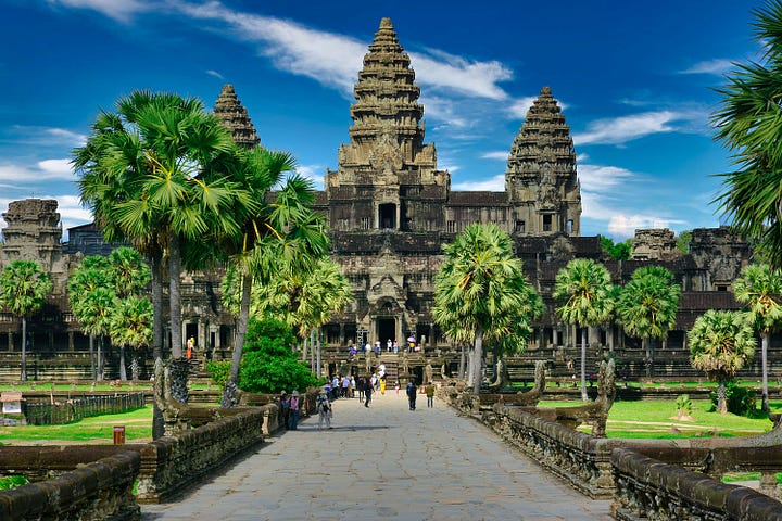 On the spring equinox, the sun rises exactly on the central peak of the temple in Cambodia called Angkor Wat.
