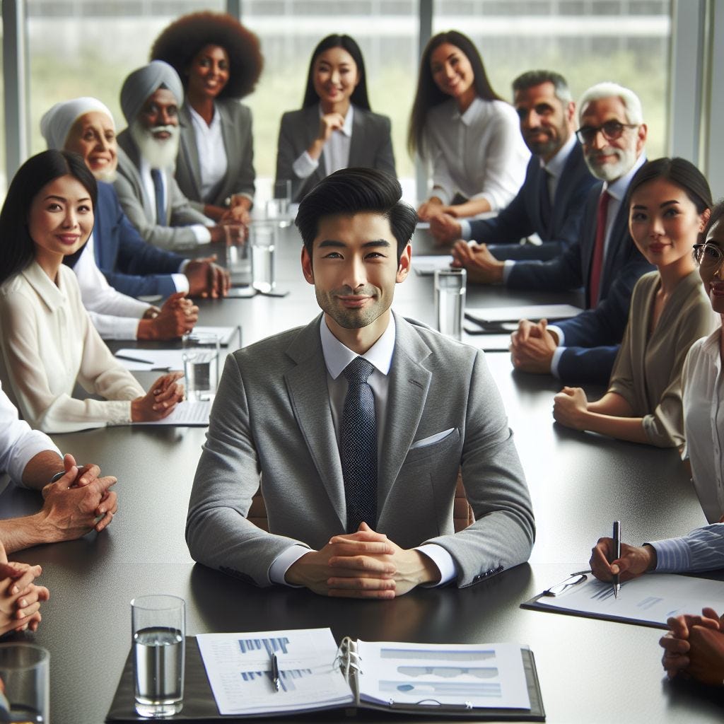 a white collar worker confidently sitting in a board room full of other people