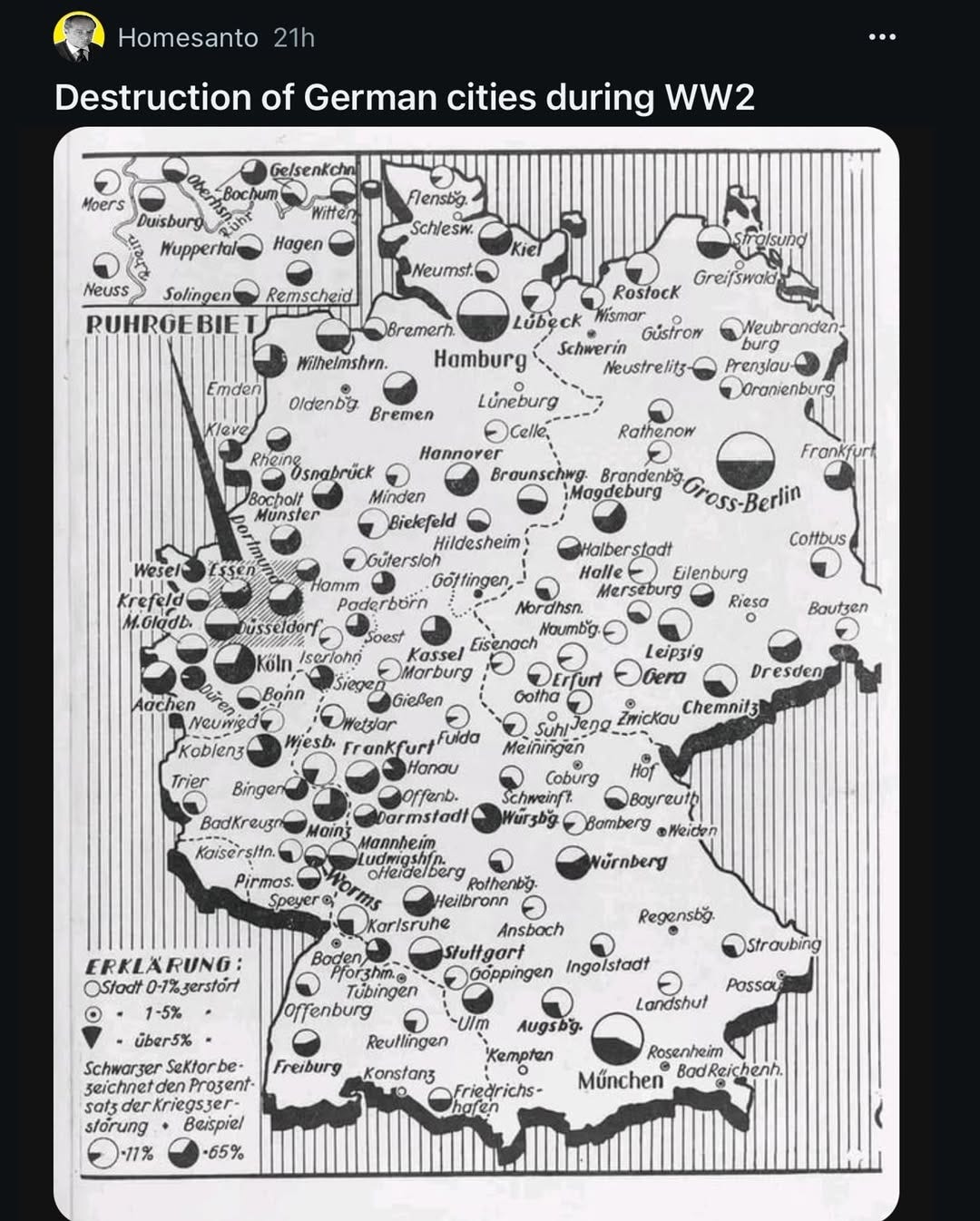 Map of German Cities Destroyed in WW2 (Including % Destroyed)