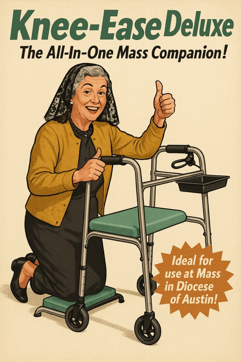 May be an image of text that says 'Knee-Ease seDeluxe The All-In-One One Mass Companion! Ideal for use at Mass in Diocese of Austin!'