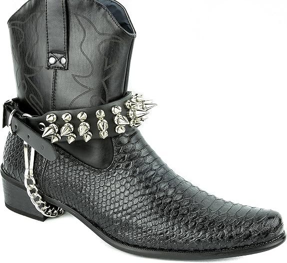 Cybergoth Spike Leather Bootstraps Pair with Chain Western, Bikers Punk Thrash Metal Black