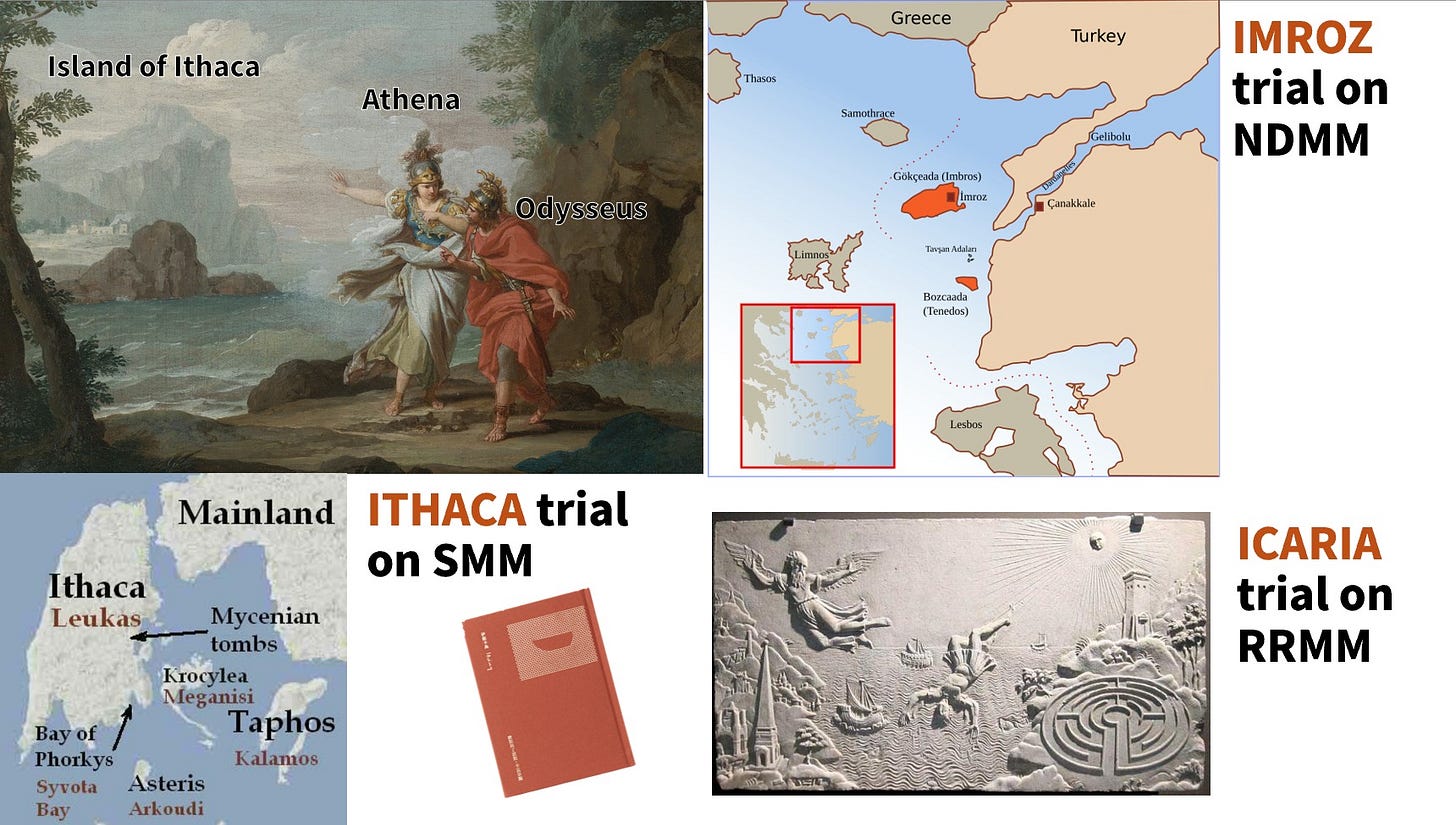 可能是地圖和顯示的文字是「 Island andofIthaca of Ithaca Athena Greece nR6и6 Turkey Samothrre Gelbolu Gokçnadl Cokşrada(Imbras) (esbras) Imansa. IMROZ trial on NDMM Çunakkake Timjan . Boecaad (Tenedos) Mainland mhrrs Ithaca Leukas T trial on SMM Mycenian tombs Krocylea Meganisi Taphos Kalamos Bay of Phorkys Syvota Asteris Bay Arkoudi ICARIA trial on RRMM 」的圖形