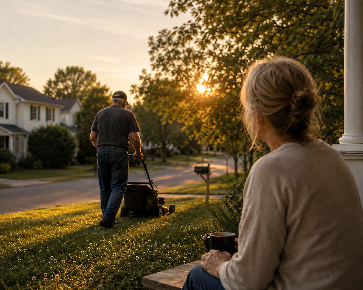 A woman sits quietly on a front porch at sunset watching a man mow a lawn in a peaceful suburban neighborhood. Golden light filters through the trees, creating a reflective and nostalgic atmosphere that symbolizes memory, grief, safety, and the passage of time. A woman sits quietly on a front porch at sunset watching a man mow a lawn in a peaceful suburban neighborhood. Golden light filters through the trees, creating a reflective and nostalgic atmosphere that symbolizes memory, grief, safety, and the passage of time.