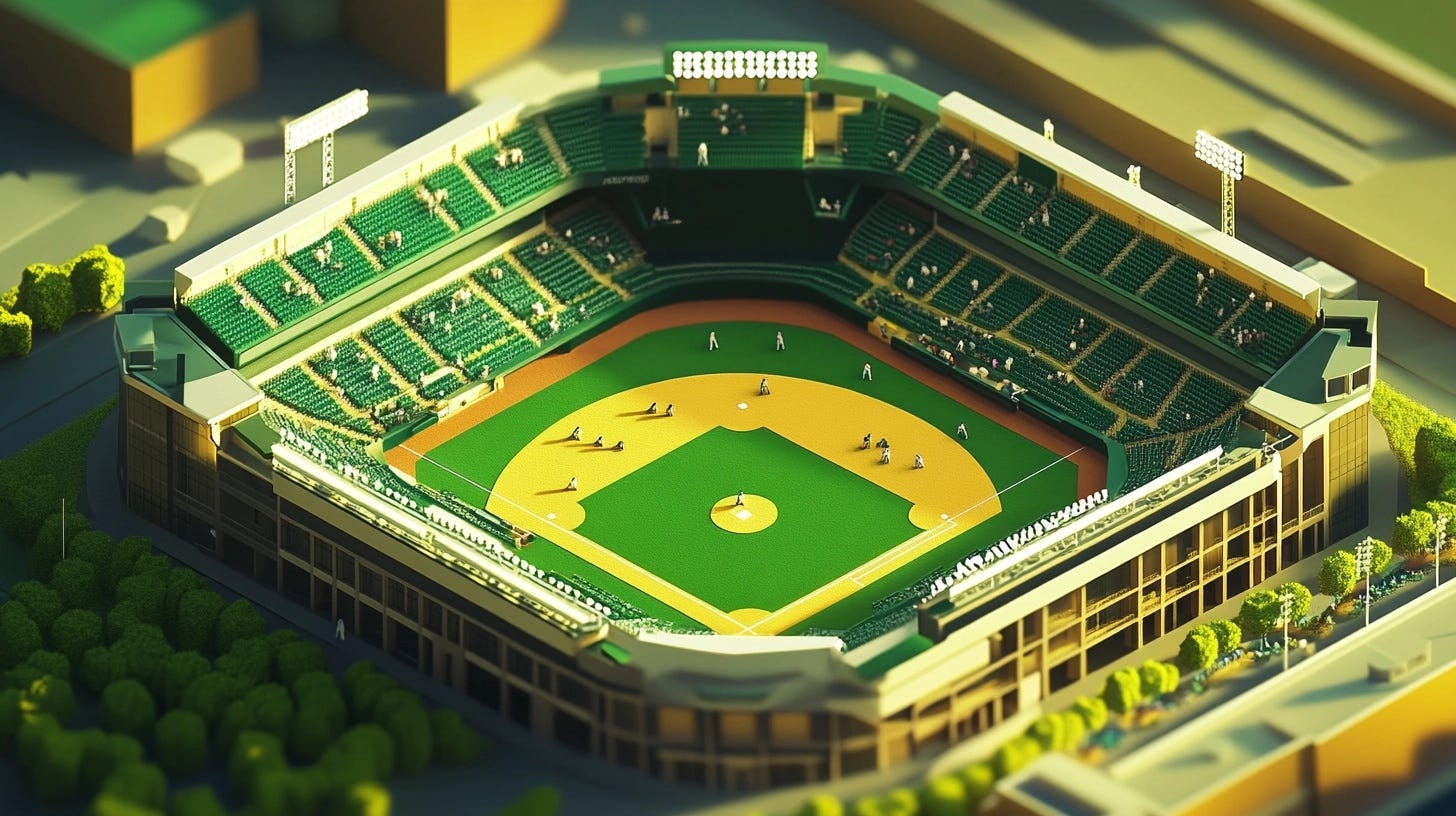  brightly lit baseball stadium with players on the field and fans in green stands