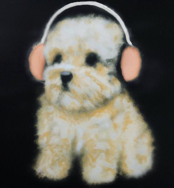 This may contain: a painting of a dog with headphones on it's ears, sitting in front of a black background