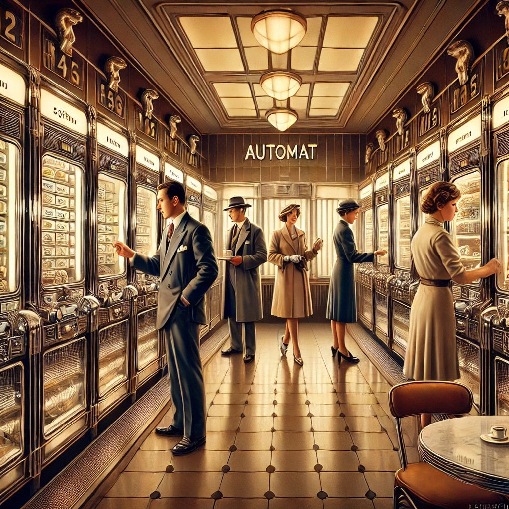 A detailed illustration of a 1940s automat interior. The scene features the iconic wall of small glass compartment doors with visible food behind them, reflecting the self-service style. In the foreground, there are three customers: a businessman in a tailored 1940s suit, a woman in elegant 1940s attire with a hat and gloves, and a working-class man in simple clothing. They are selecting food from chrome and glass dispensers. The interior design includes art deco styling, with marble tables, chrome fixtures, and the famous dolphin-headed coffee spouts. Warm, ambient lighting creates a welcoming, democratic atmosphere. The illustration blends realistic detail with vintage poster aesthetics to highlight the technological marvel and social vibrancy of the automat era.