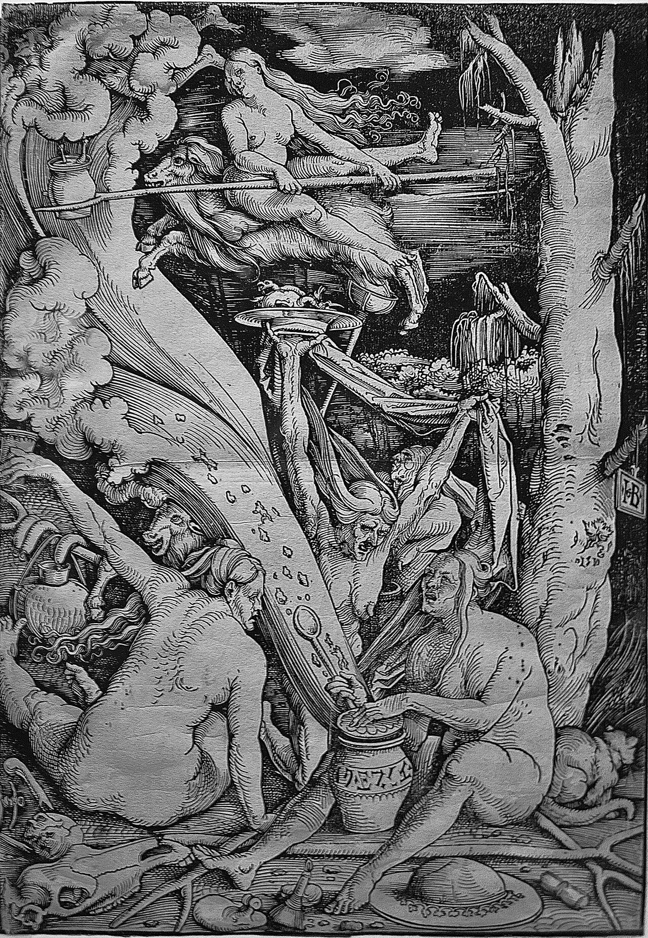 Nude witches around a cauldron, Baldung woodcut Nude witches around a cauldron, Baldung woodcut