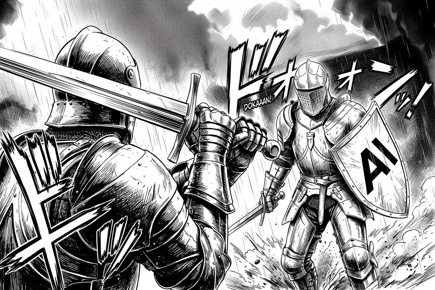 Manga-style illustration of two medieval knights facing up to a duel. Both are wearing full plate armour. Shown from an extreme close-up rear view, over the shoulder of the first knight, with both hands on the pommel of a huge broadsword in an attack pose; in front of him the second knight holds a one-handed sword and shield featuring the logo of Anthropic on a white background. There is a palpable tension.
