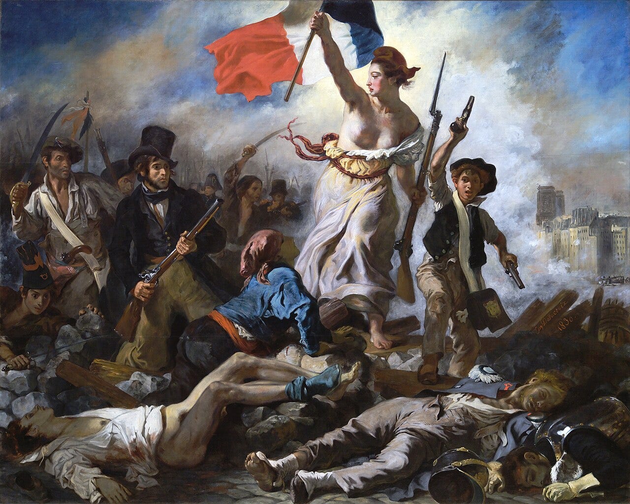Delacroix's Liberty leading armed citizens over a barricade with a raised flag Delacroix's Liberty leading armed citizens over a barricade with a raised flag