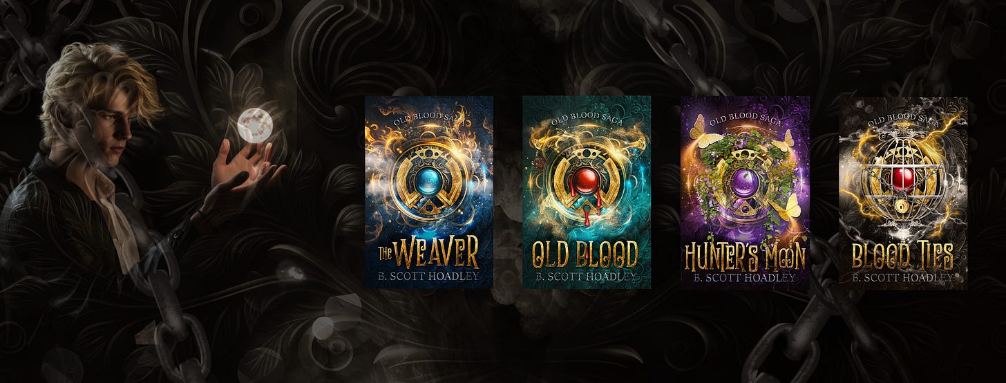 Image of Nathan Briggs, main character in the Old Blood Saga, and the covers of the The Weaver, Old Blood, Hunter's Moon, and Blood Ties