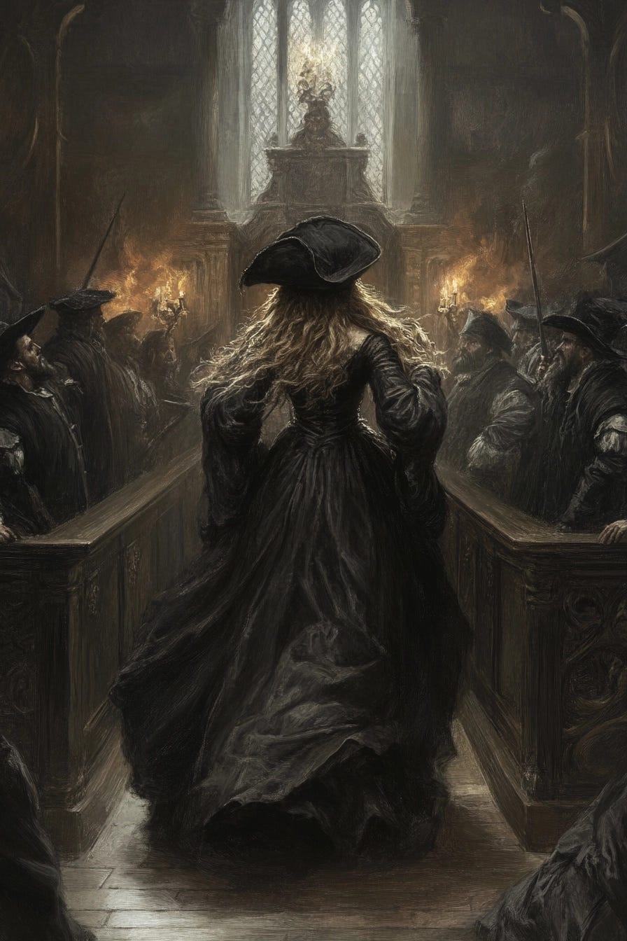 woman on trial in a 16th century courtroom