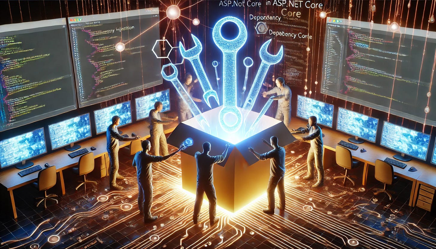 Developers accessing a glowing central toolbox, symbolizing dependency injection in ASP.NET Core. Developers accessing a glowing central toolbox, symbolizing dependency injection in ASP.NET Core.