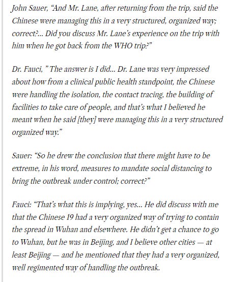 And two days prior, Anthony Fauci gave a sworn deposition describing how China had inspired the advice on Covid containment that he issued to the United States.
