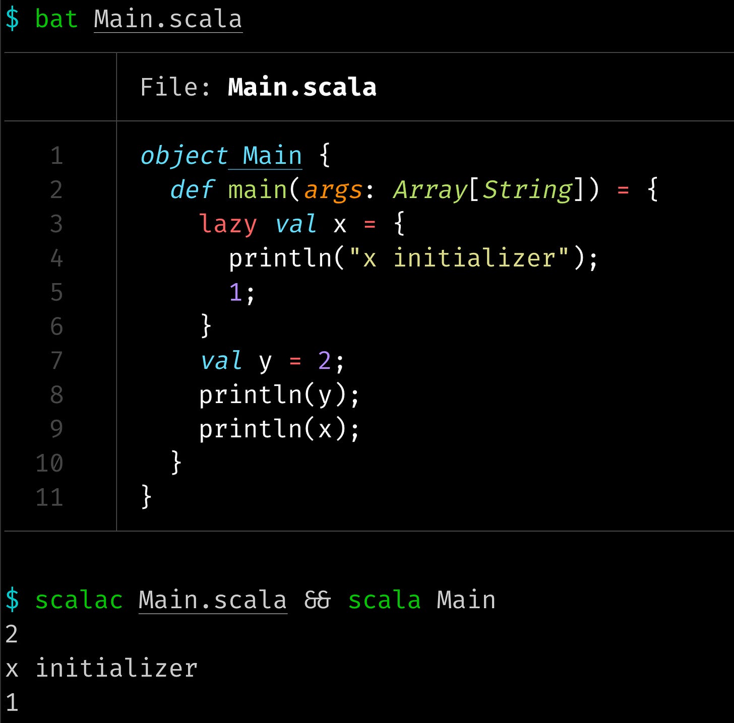 A scala program that declares lazy val x intialized by a block including println("x initializer") and the number 1, followed by val y initialized directly by the value 2. After the assignments are println(y) and println(x). The output of the program is shown as 2, x intializer, 1. A scala program that declares lazy val x intialized by a block including println("x initializer") and the number 1, followed by val y initialized directly by the value 2. After the assignments are println(y) and println(x). The output of the program is shown as 2, x intializer, 1.