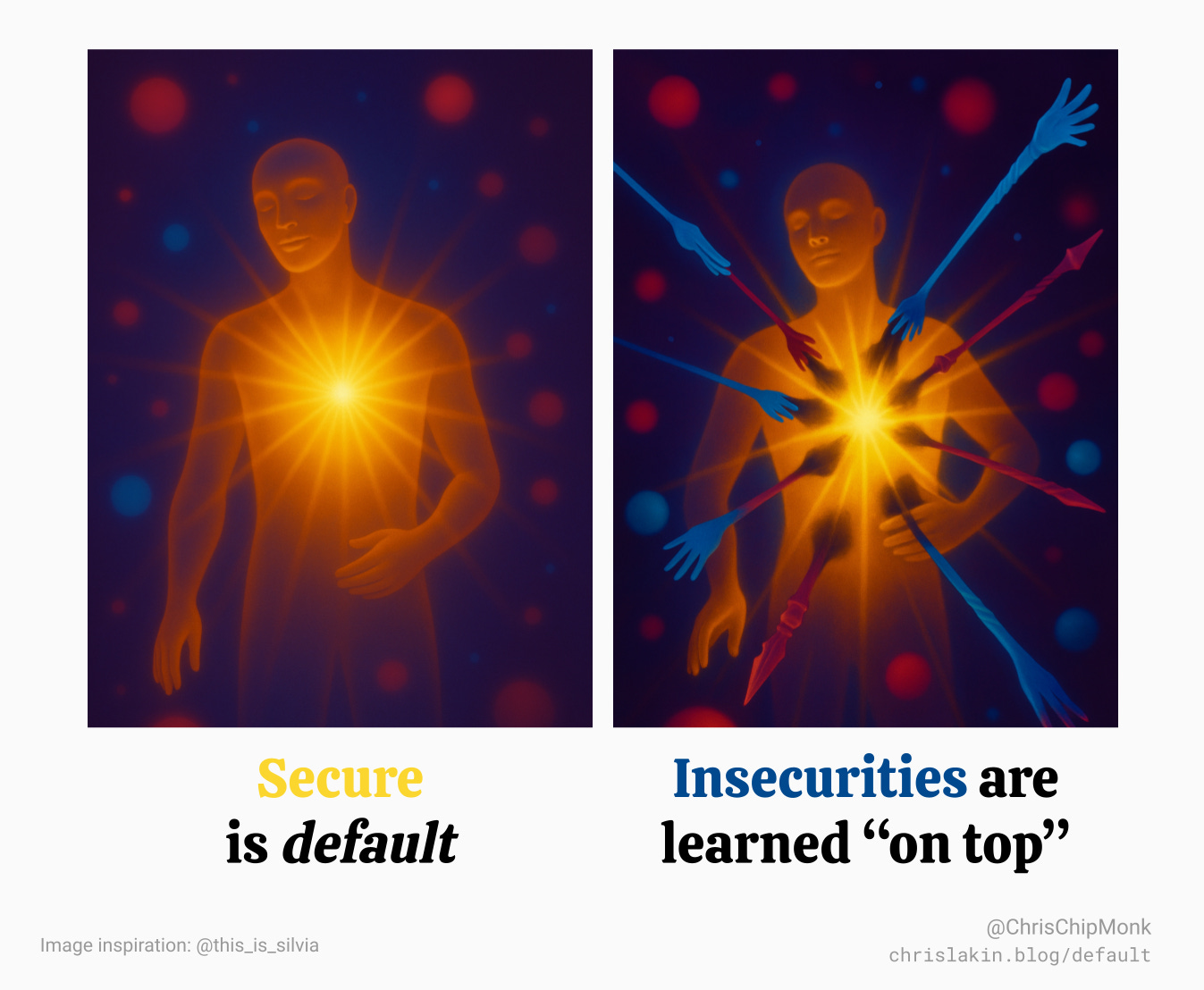  Secure attachment is default  Insecurities are learned “on top”  @ChrisChipMonk chrislakin.blog/default Image inspiration: @this_is_silvia