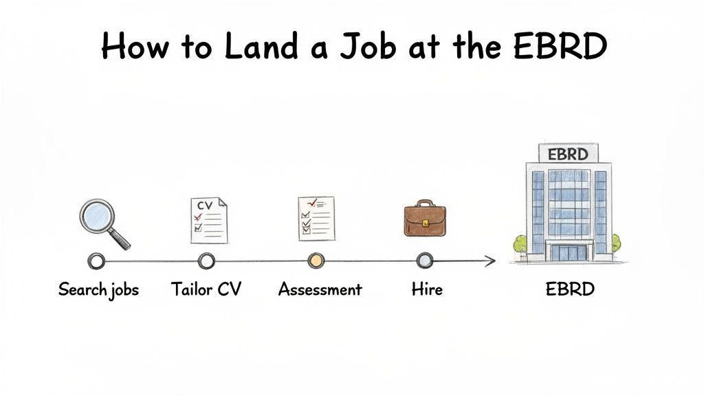 A diagram illustrates the five steps to land a job at the EBRD, from searching jobs to hiring. A diagram illustrates the five steps to land a job at the EBRD, from searching jobs to hiring.