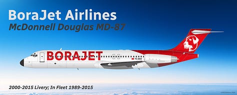 A selection of aircraft formerly operated by BoraJet Airlines: 1) Douglas DC-9, 2) McDonnell Douglas MD-82/83/88, McDonnell Douglas MD-87, 4) Boeing 717-200, and 5) Boeing 737-700 - all shown in side view.