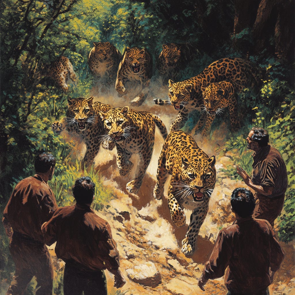 From Midjourney AI: Image of leopards charging towards human men/bros about to eat their faces