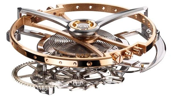 A large dial opening shows off the 16mm tourbillon cage as it rotates once every three minutes. A large dial opening shows off the 16mm tourbillon cage as it rotates once every three minutes.