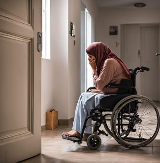 A woman wearing a hijab is sat in a wheelchair with her hands to her face worried as she waits for a letter to be delivered hopefully.