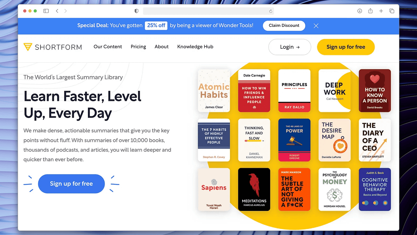 Promotional banner for Shortform displaying digital book summary covers and offering a 49% discount for Wonder Tools readers. Gemini helped draft this alt-text.