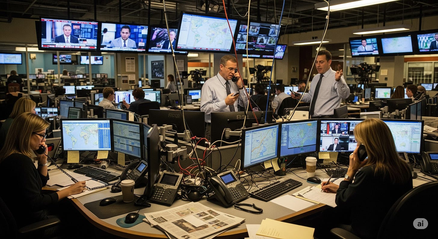 A wide shot of a bustling TV newsroom assignment desk. Several editors are working at cluttered desks with multiple computer monitors, talking on phones, and writing notes. The background is filled with large, glowing screens showing various news feeds. A wide shot of a bustling TV newsroom assignment desk. Several editors are working at cluttered desks with multiple computer monitors, talking on phones, and writing notes. The background is filled with large, glowing screens showing various news feeds.