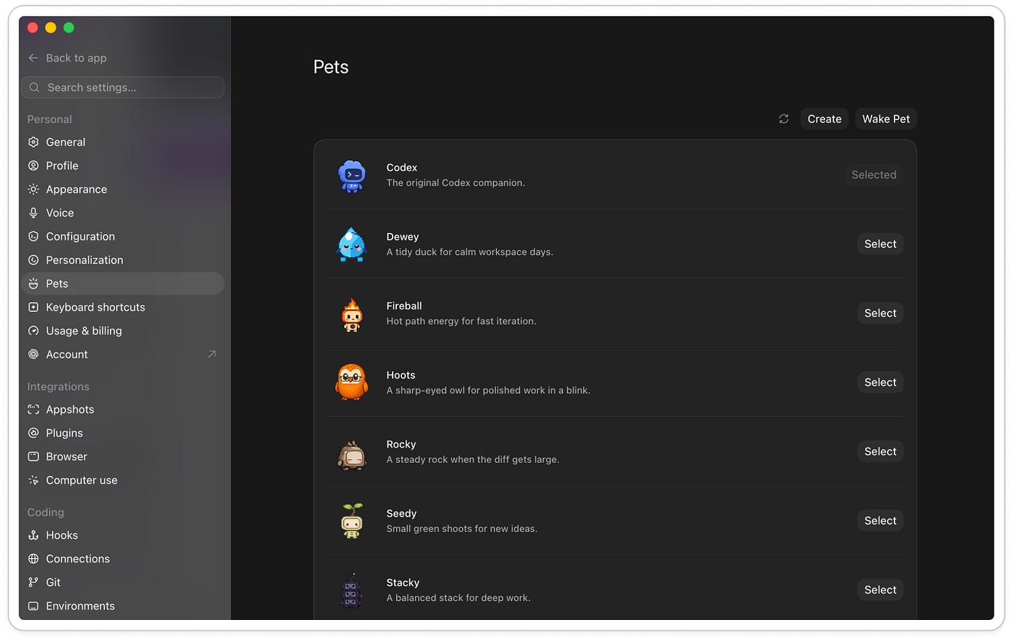 ChatGPT desktop Pets settings showing the pet picker with Codex selected, plus Dewey, Fireball, Hoots, Rocky, Seedy, and Stacky options, and buttons to create a pet or wake it.