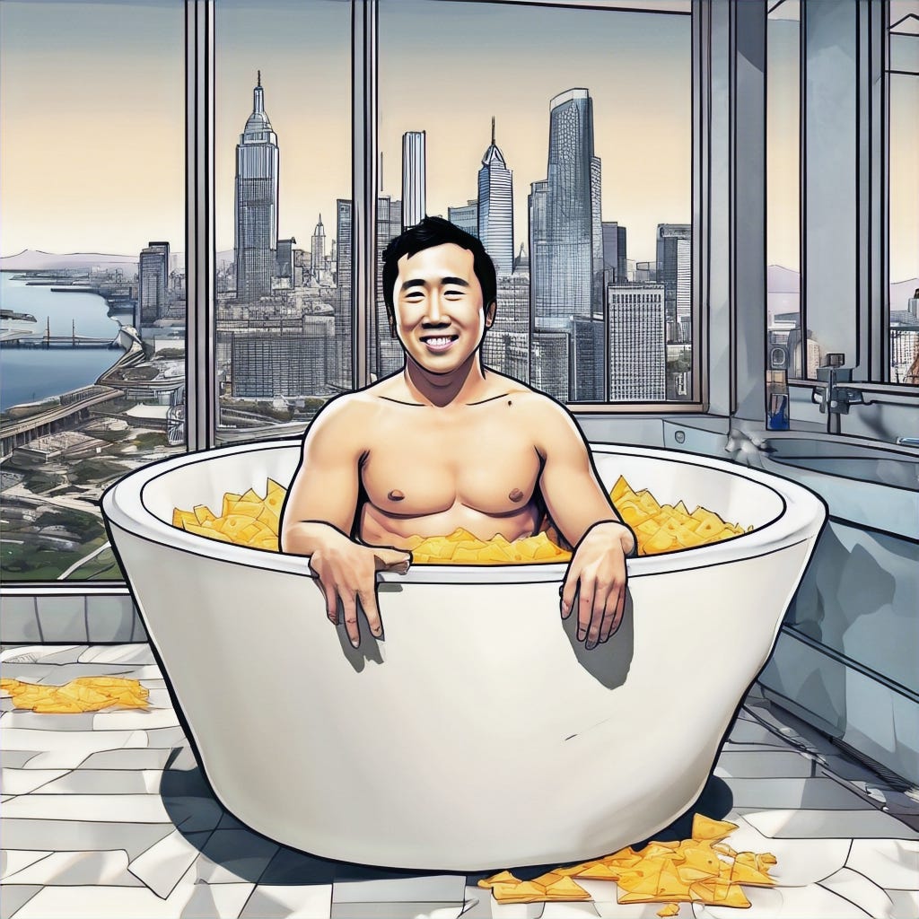 Andrew Yang in a tub of government cheese in front of a city skyline.