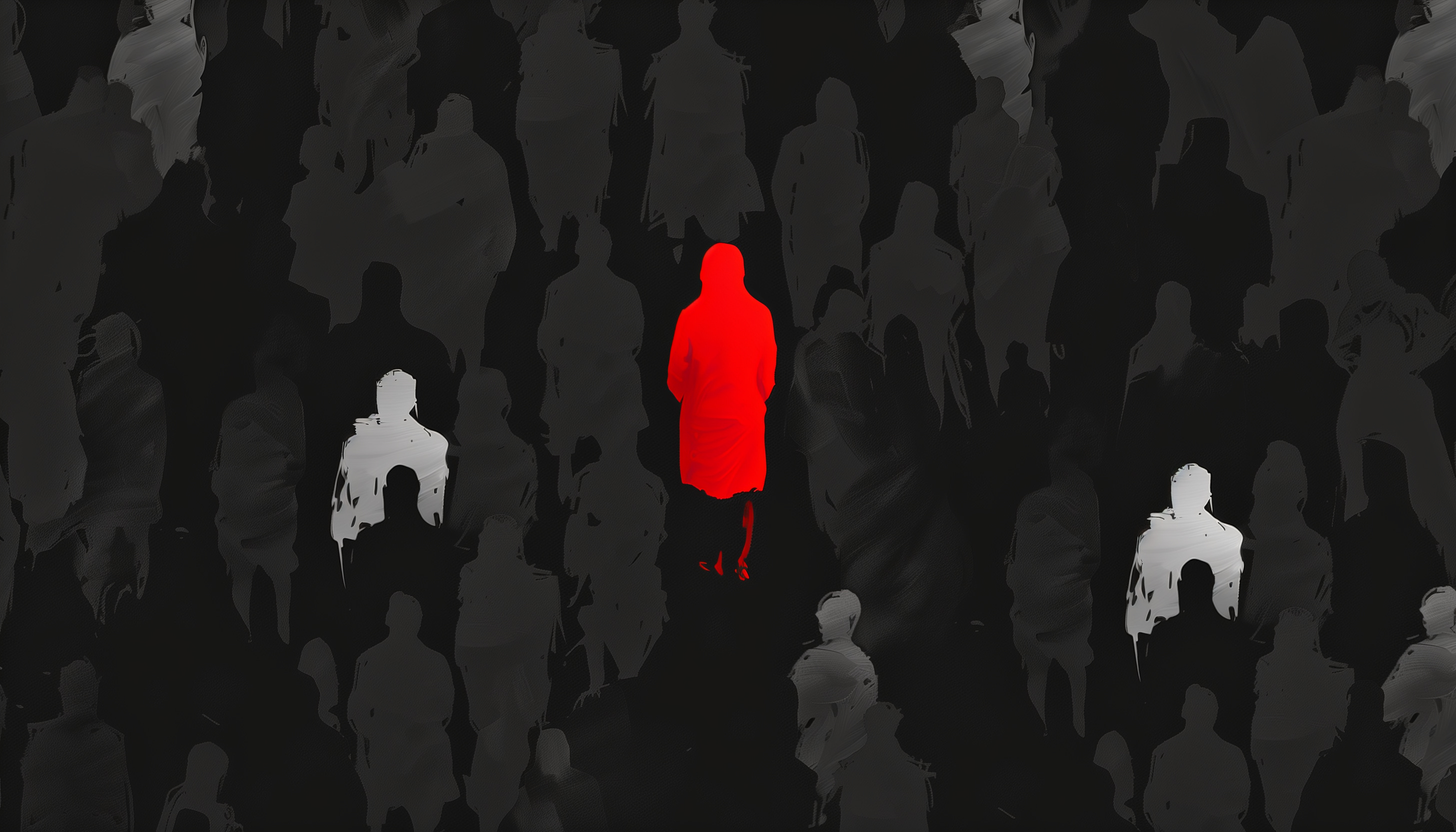 An image showing a red figure standing out among a crowd of black and white silhouettes, representing the concept of identifying anomalies or threats in AI Red Teaming.