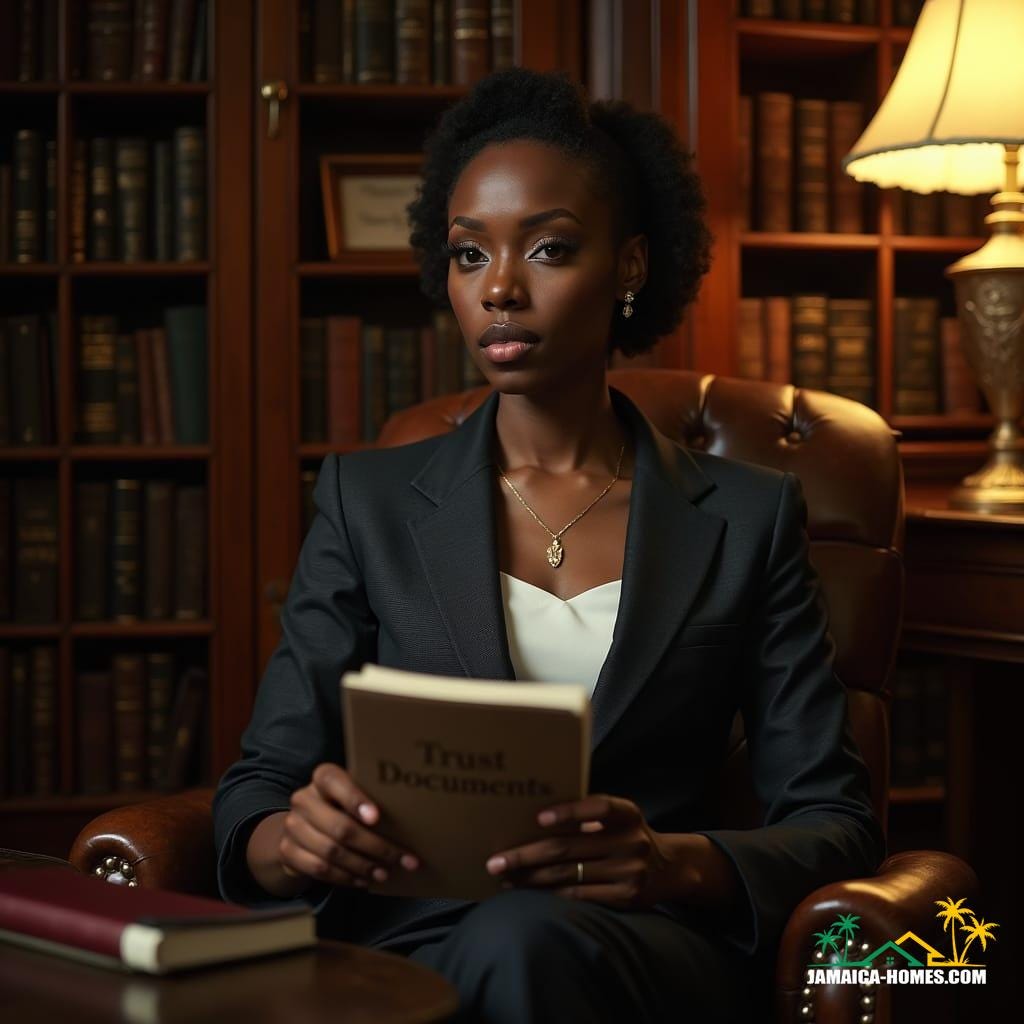 A black woman in a tailored business suit, seated in a luxurious, dimly lit office, surrounded by leather-bound books and polished wooden furnishings, holding a folder marked "Trust Documents", with a subtle, concerned expression, as if contemplating the weight of her fiduciary responsibility, warm, golden lighting casting a glow on her face, with deep shadows accentuating her features, in the style of cinematographers Roger Deakins and Emmanuel Lubezki