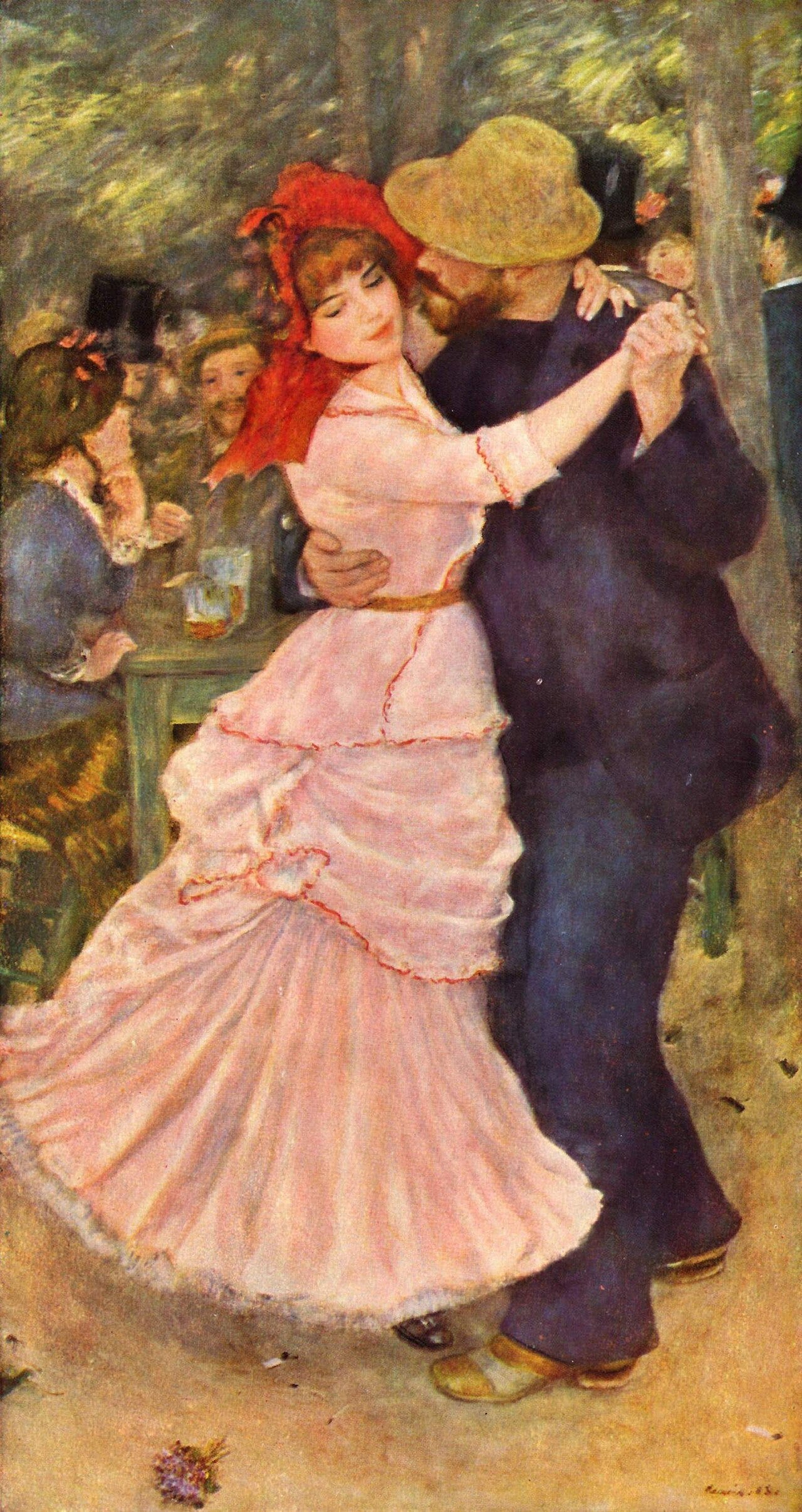 A couple dancing outdoors, the woman in a pink bonnet and white dress A couple dancing outdoors, the woman in a pink bonnet and white dress