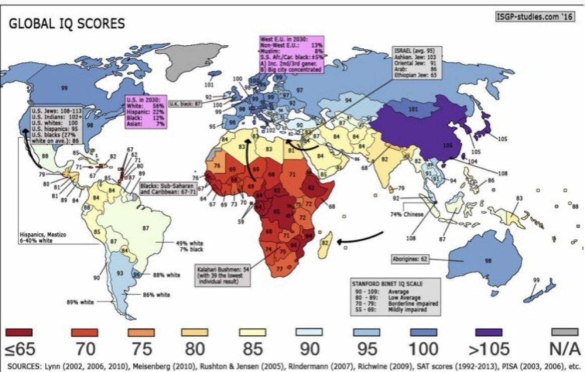May be an image of map and text that says 'GLOBAL IQ SCORES 108-113 ISGP-studies.com dispanics Mestizo 05 Chinese 89% whitte STANFORD BINET SCALE s65 70 75 80 SOURCES: Lynn (2002, 2006, 2010) Meisenberg (2010), Rushton 85 90 95 100 Jensen (2005), Rindermann (2007). Richwine (2009), SAT >105 N/A (1992- PISA (2003, 2006), etc.'