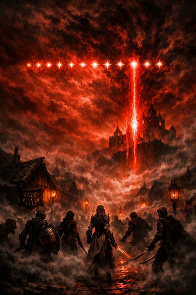The defenders stand frozen beneath the bleeding sky. Thirteen aligned stars burn like a wound carved across the firmament. A crimson pillar rises from Castle Ravenloft, pulsing like a heartbeat of ruin, feeding the heavens with roiling shadow. The scene is drenched in Barovian‑Gothic atmosphere — mist swirling, silhouettes of defenders outlined against the red light, the sky torn open by celestial scars.