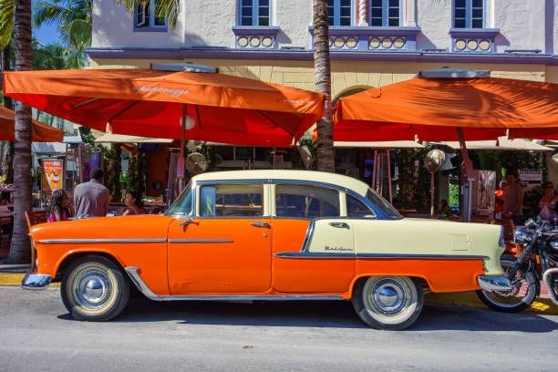 1950s vintage chevy bel air in south beach miami florida - chevy bel air stock pictures, royalty-free photos & images