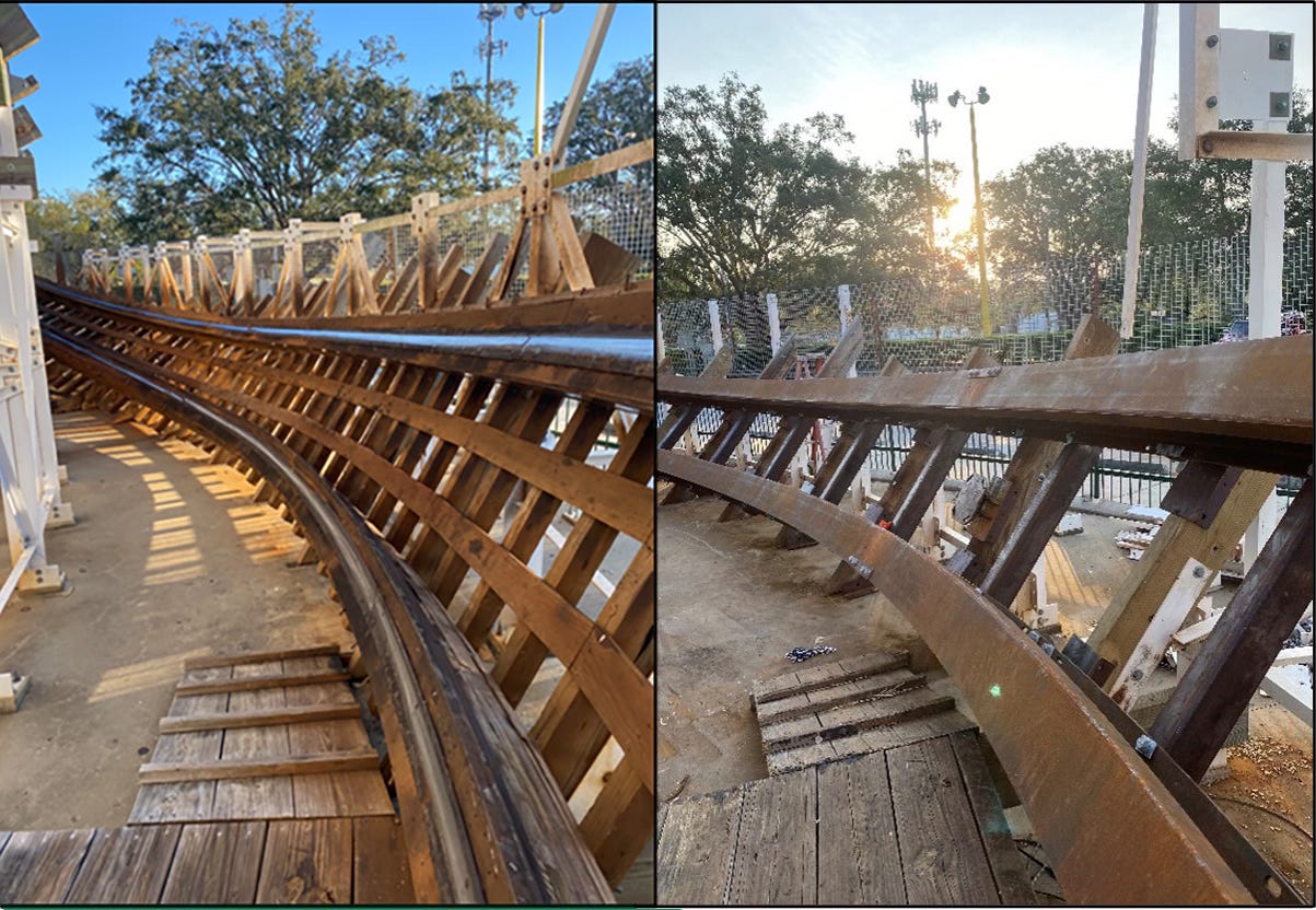 Mine Blower coaster before and after with RMC 208 ReTrak replacement track Mine Blower coaster before and after with RMC 208 ReTrak replacement track