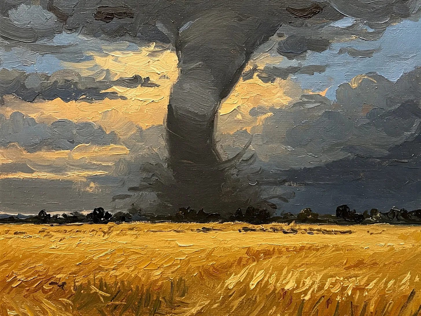 A tornado blowing across a wheat field. Generated with Google Gemini.