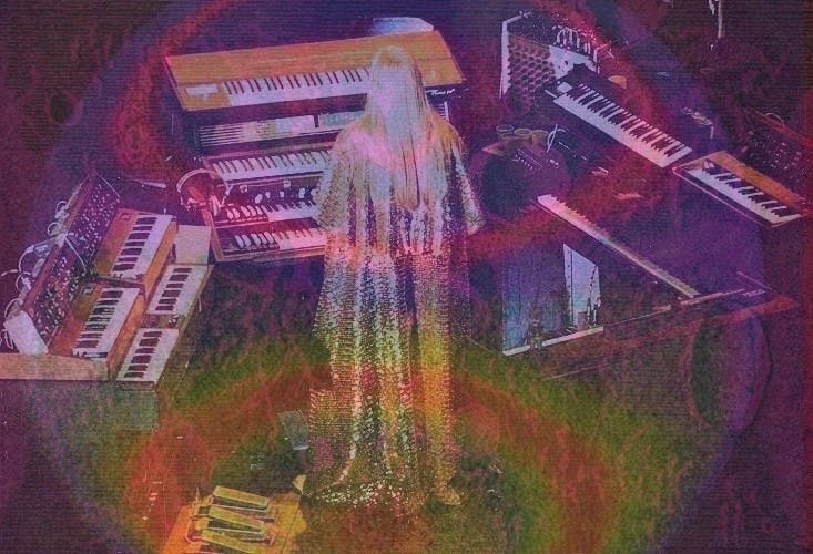 This may contain: a woman standing in front of an organ keyboard and other musical instruments, all covered with sequins