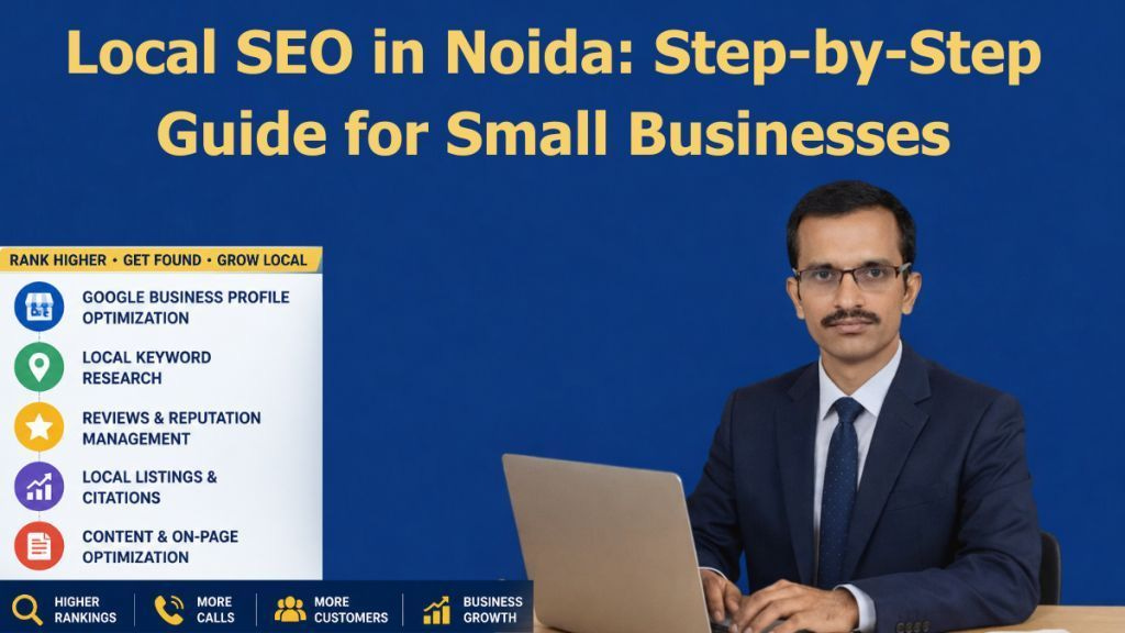 Local SEO in Noida step-by-step guide banner showing SEO expert with laptop, Google Business Profile optimization, local keyword research, reviews management, and business growth strategies for small businesses.