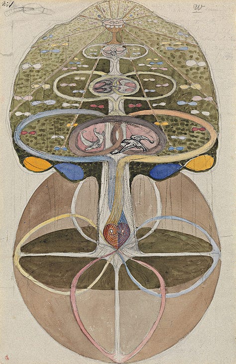 Blooming trees full of abstract geometry, animal and human forms