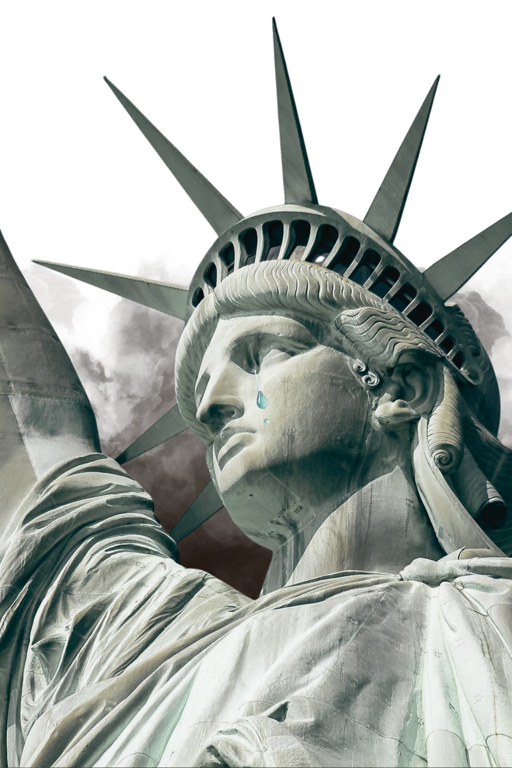 The statue of liberty with a tear running down her cheek and black smoke behind her.
