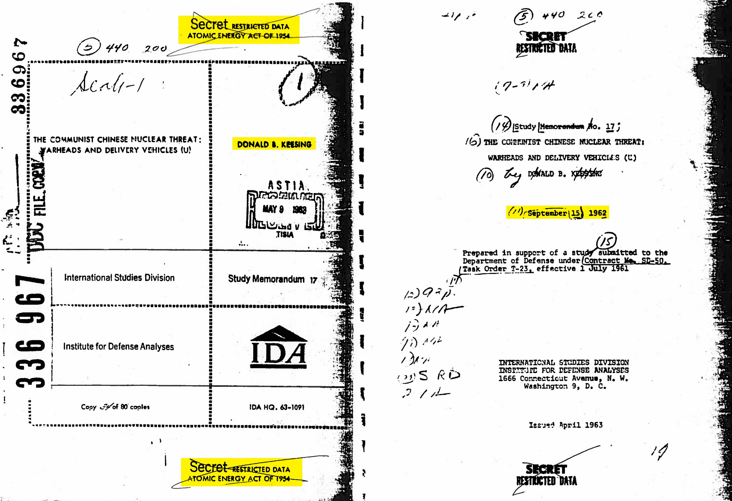 IDA colleague to Malmgren, Donald B Keesing, is the author of this 15 September 1962 Restricted Data report on “The Communist Chinese Nuclear Threat: Warheads and Delivery Vehicles” IDA colleague to Malmgren, Donald B Keesing, is the author of this 15 September 1962 Restricted Data report on “The Communist Chinese Nuclear Threat: Warheads and Delivery Vehicles”