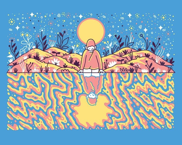 This may contain: a man sitting on top of a hill surrounded by plants and stars in the sky