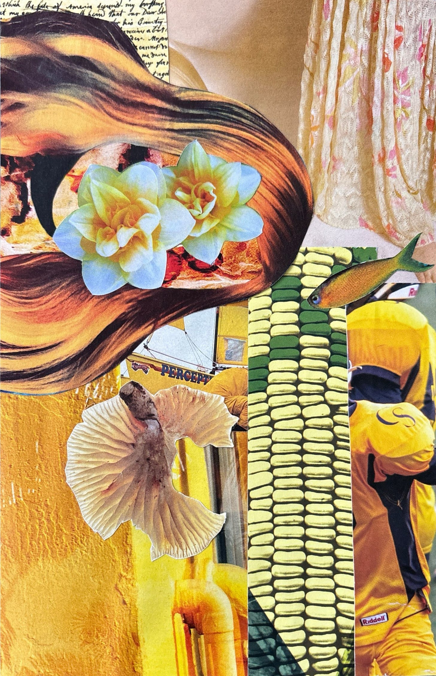 A color study collage by nat raum, focused on the color yellow. A patchwork of various yellow-toned textures make up the background, while several cutout elements are overlaid.