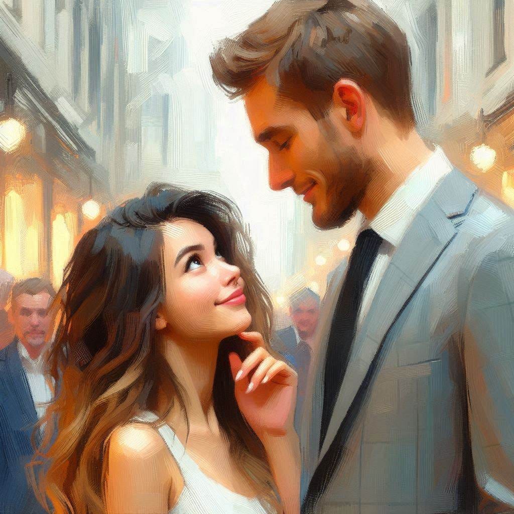 A pretty 5'4" woman looks up at a handsome 6'1" man and smiles at him. Slight impressionist style. A pretty 5'4" woman looks up at a handsome 6'1" man and smiles at him. Slight impressionist style.