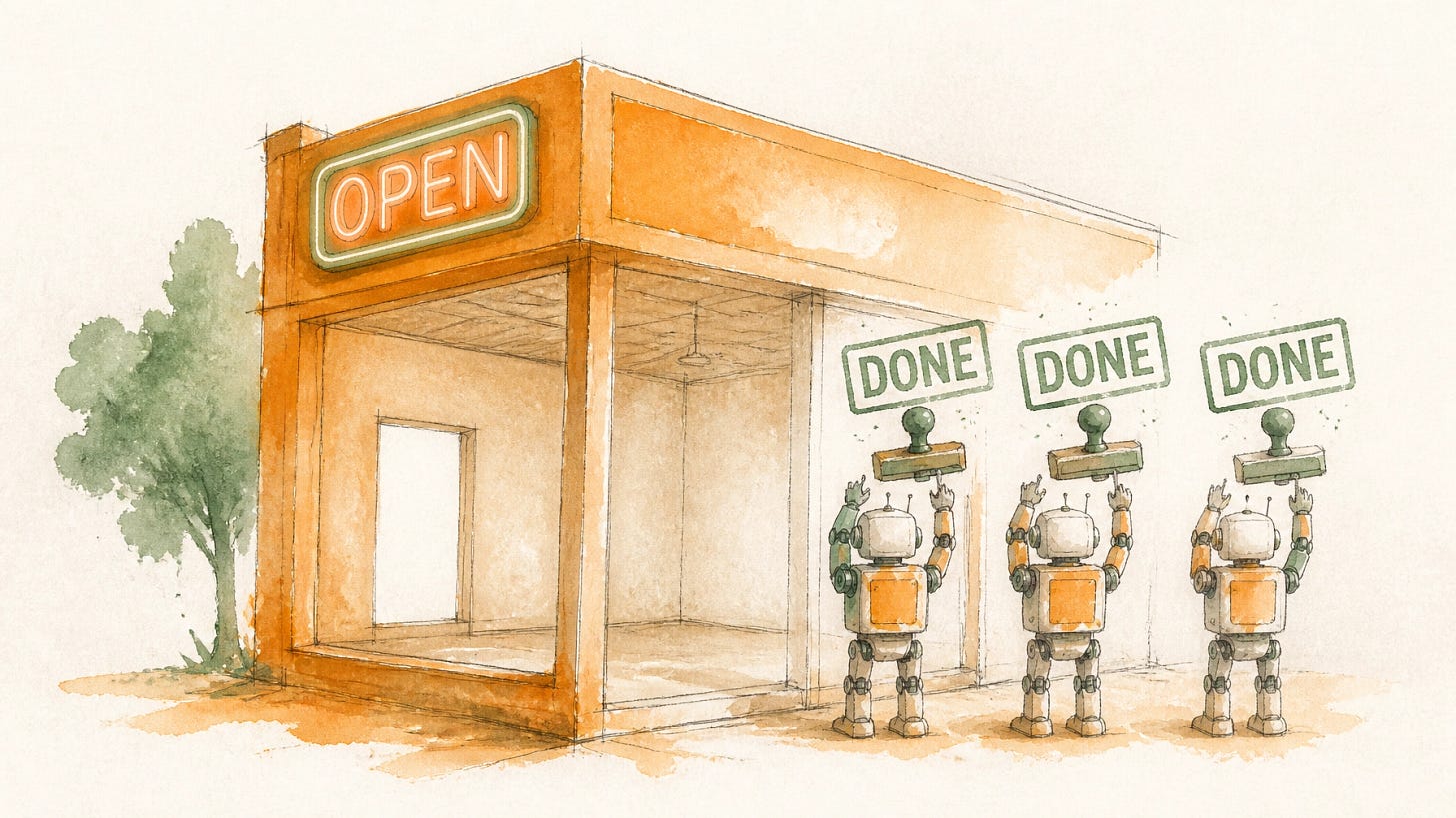 A hollow storefront with an "Open — Sign Up" sign while AI agents stamp "Done" facing away, showing agents rubber-stamping a broken build.