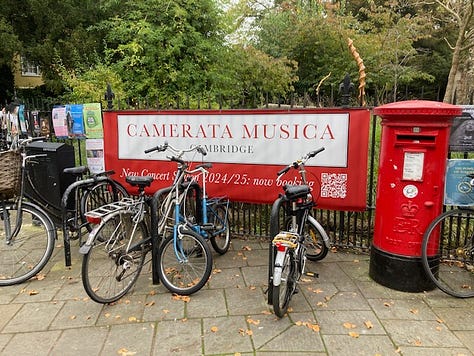 Bicycles in front of a classical concert banner; punters on the river Cam; scooters at the Sigwick site